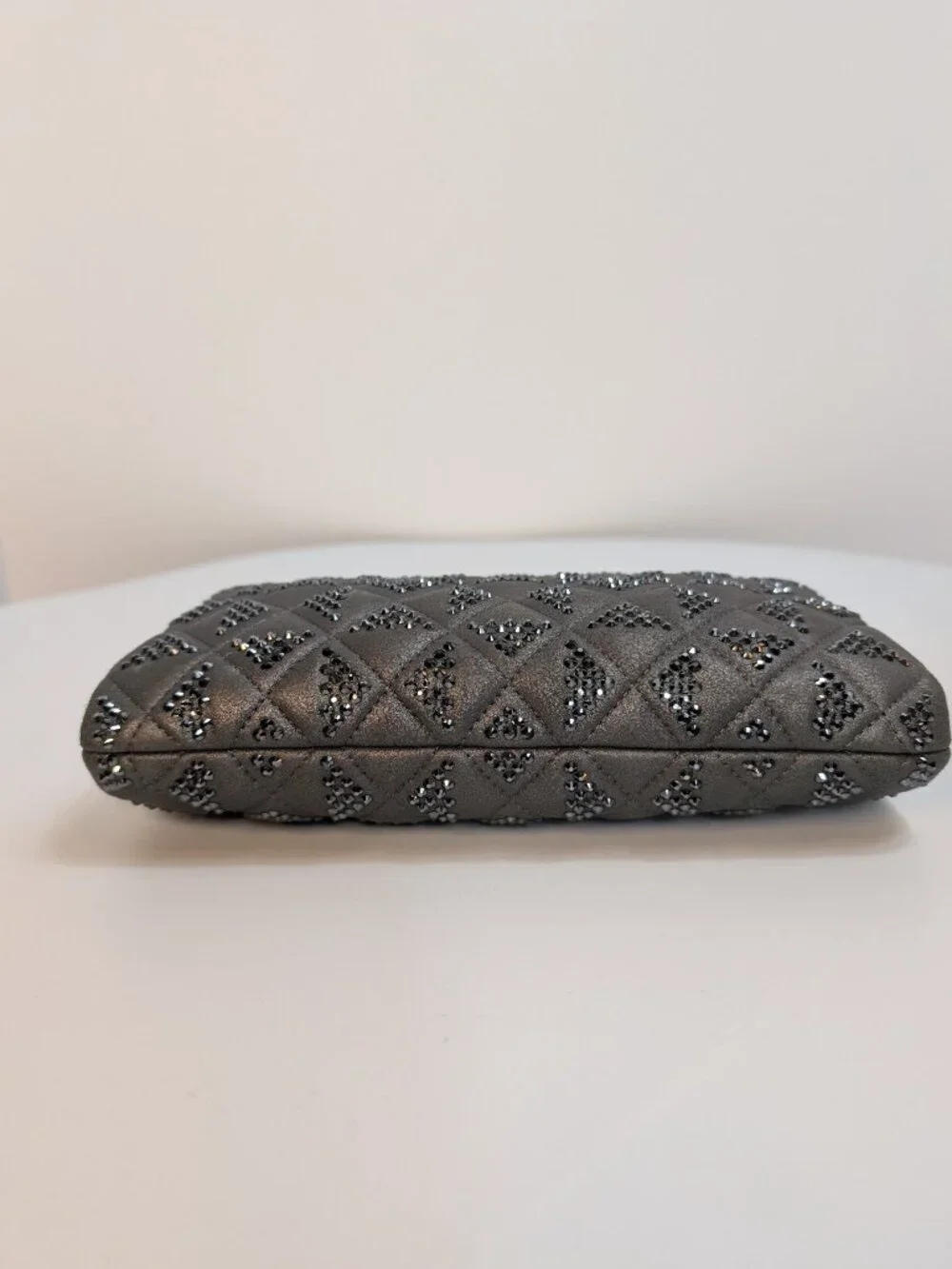 Chanel Timeless Grey Crystal-Studded Suede Diamond-Quilted Clutch